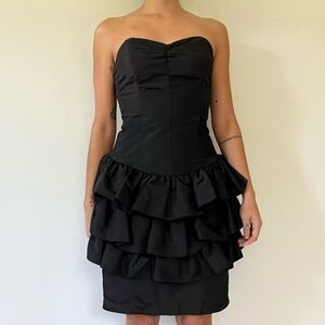 Vintage 80s Jodi Schwartz Black Strapless Ruffle Drop Waist Cocktail Dress
